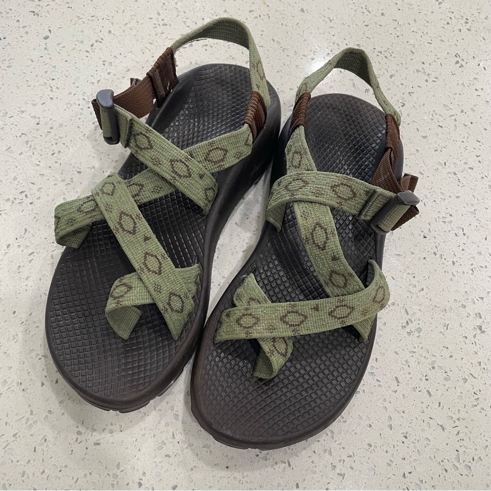 Green and brown Chacos size 8